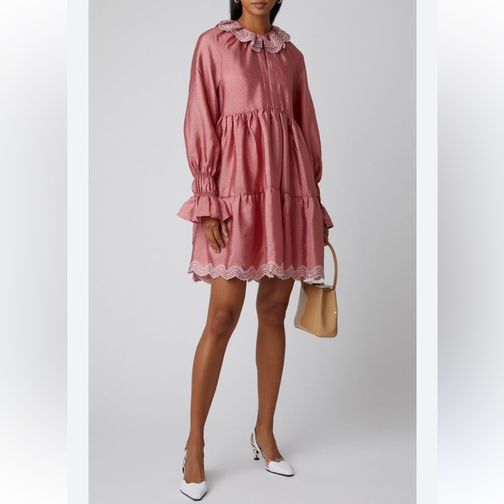 Stine Goya Daki Tiered Long Sleeve‎ Hammered Satin Dress Size Small Embroidered